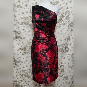 Vintage cache valentines day red and black sexy one shoulder floral dress